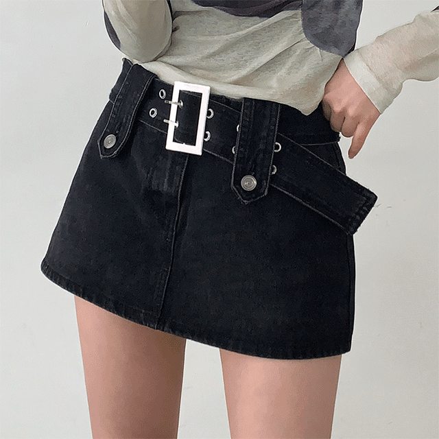 ビンテージバックルデニムミニスカート(パンツ付き)｜ミニスカート