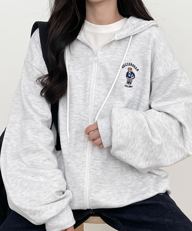 ベア刺繍オーバーフィットフードジップアップ｜ジャンパー｜韓国 