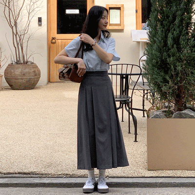 後ろゴムプリーツロングスカート - [10代・20代女性ファッション,韓国