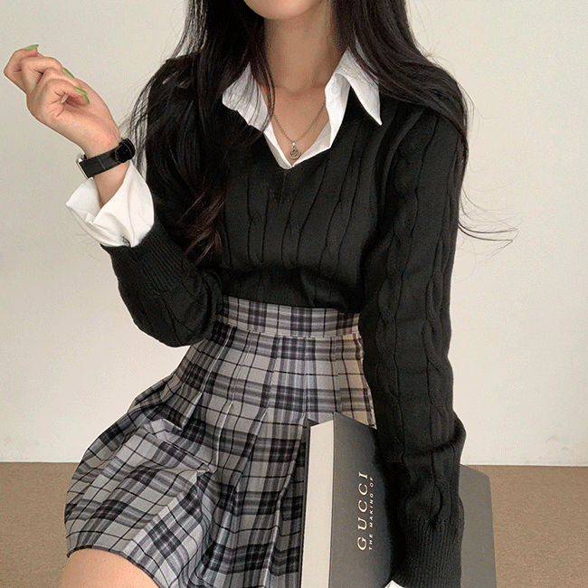 シャツレイヤードケーブルニット - [10代・20代女性ファッション,韓国