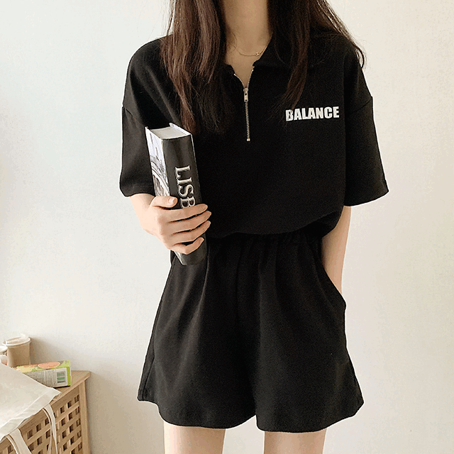 SET]プリントハーフジップアップTシャツ ゴムショートパンツ