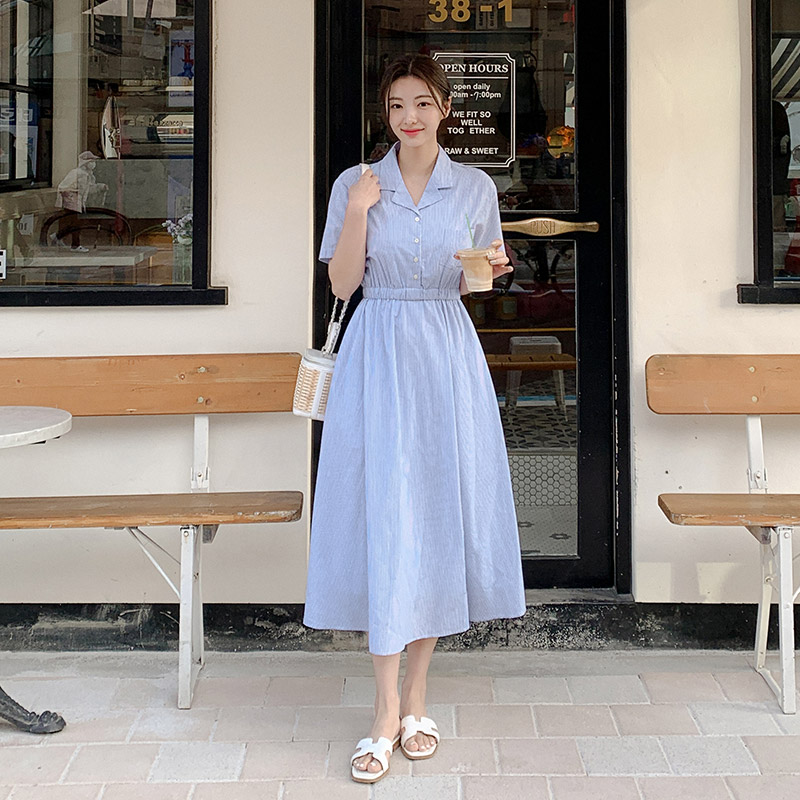 ミージェーン me Jane 5分袖ストライプシャツワンピース （ブルー  