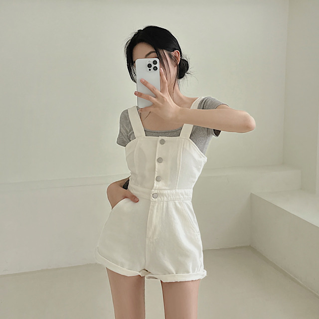 ポケットシルバーボタンショート ジャンプスーツ｜ジャンプスーツ