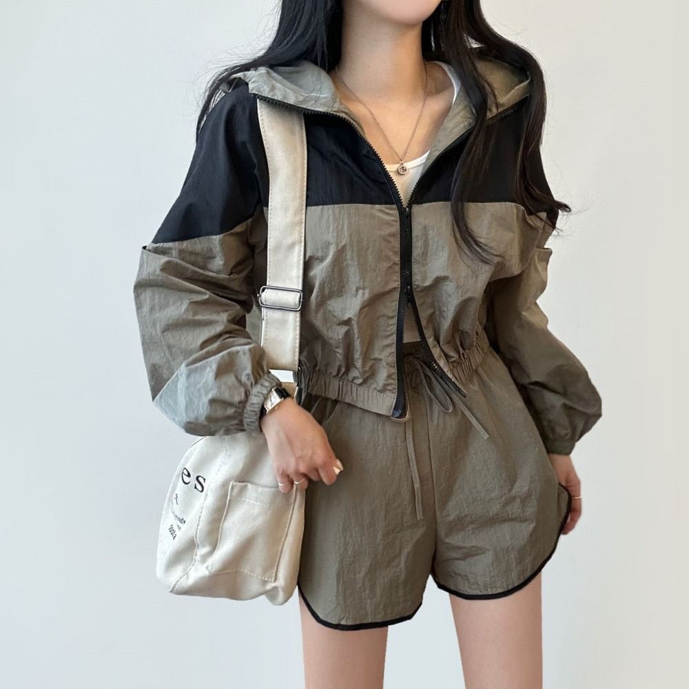 通販 ジャケット ショートパンツ セットアップ SET 2WAY配色クロップ