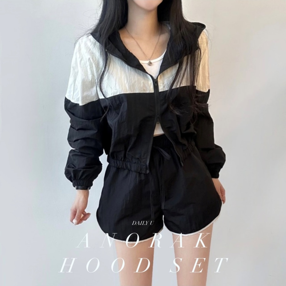 SET]2WAY配色クロップフードジャケット ショートパンツ｜トレーニング