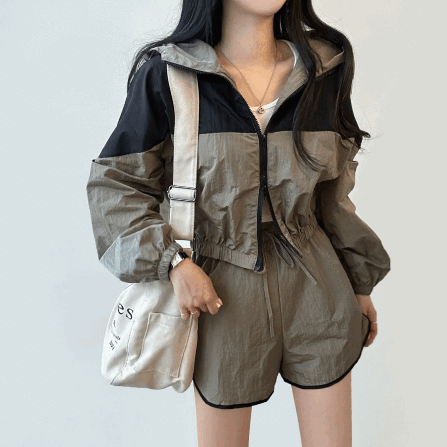 【ローチェ】フリースジャケットとショートパンツセット SET]2WAY配色クロップフードジャケット ショートパンツ｜トレーニング