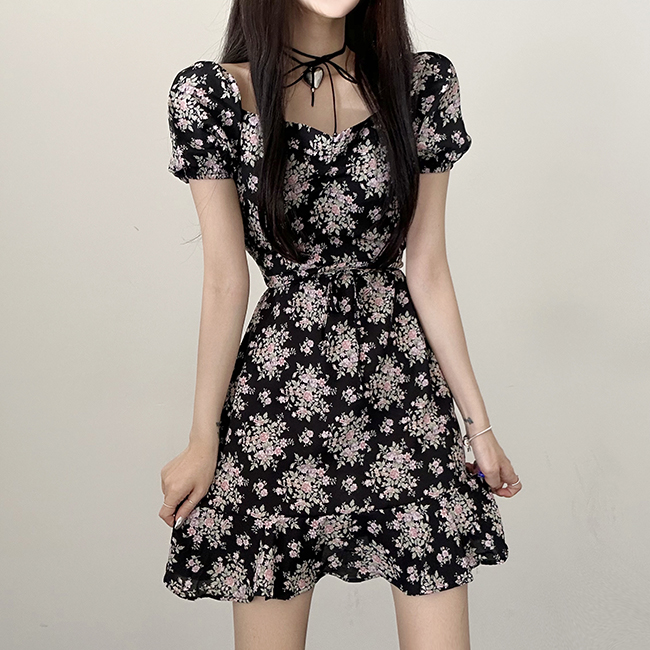 フラワーパフフレア半袖ワンピース｜ミニワンピース｜韓国ファッション