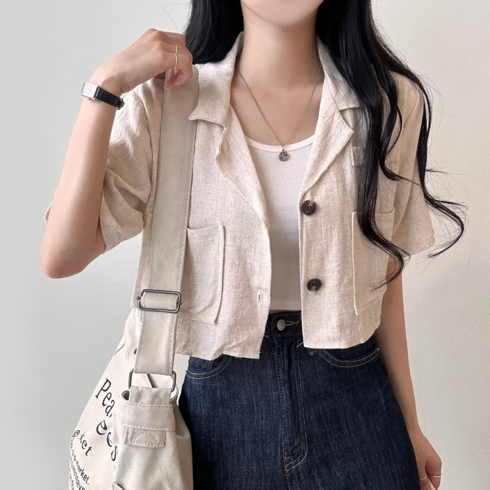 リネンツーボタンポケット半袖ジャケット｜ジャケット｜韓国