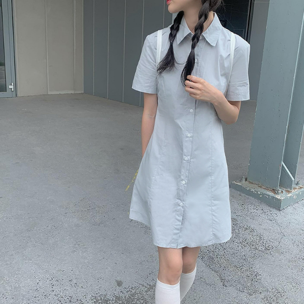 SONA　ライン半袖ミニシャツワンピース　10代・20代女性ファッション韓国通販