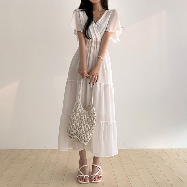 Vネックティアードシフォンロングワンピース｜ロングワンピース｜韓国