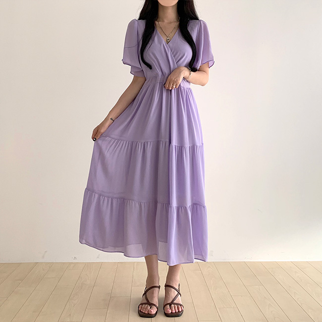 Vネックティアードシフォンロングワンピース｜ロングワンピース｜韓国