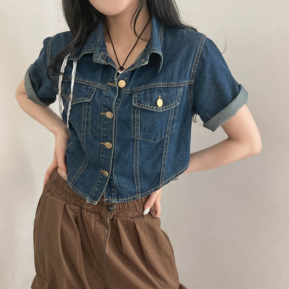 ツーポケットデニムアンバランスクロップ半袖ジャケット｜シャツ｜韓国