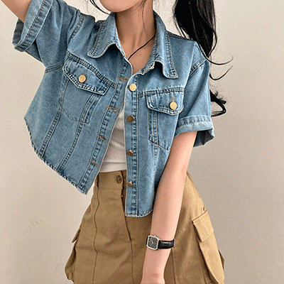 ツーポケットデニムアンバランスクロップ半袖ジャケット｜シャツ｜韓国