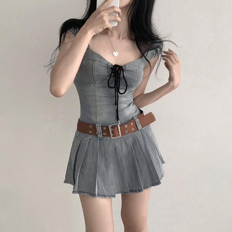 SET]デニムアイレット半袖プリーツミニワンピース ベルト｜ミニ
