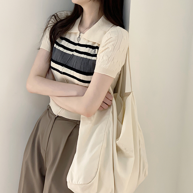 刺繍配色ケーブルニット半袖ジップアップ｜ジャンパー｜韓国