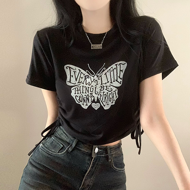 【BPN】パフスリーブ半袖プリントTシャツ【ブラック／レース／バタフライ柄】 cari24-12_a.jpg