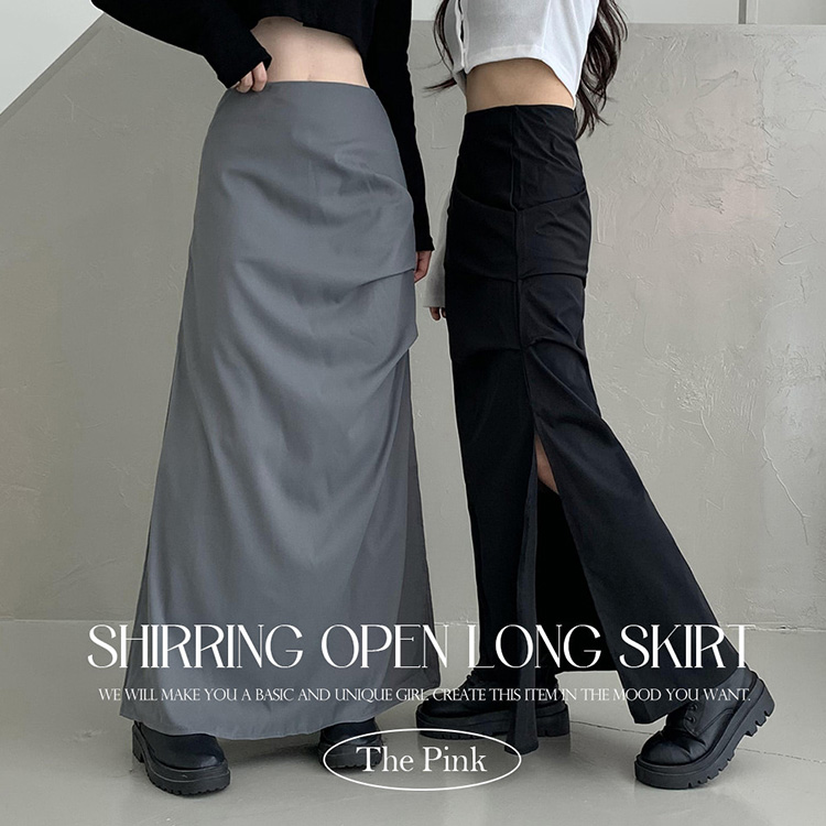 シャーリングスリットロングスカート - [10代・20代女性ファッション