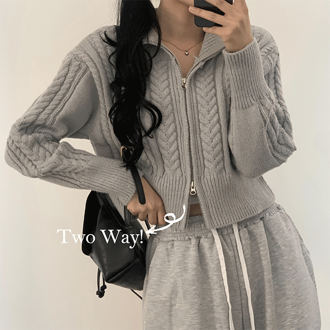 ケーブル2WAYニットジップアップ - [10代・20代女性ファッション,韓国