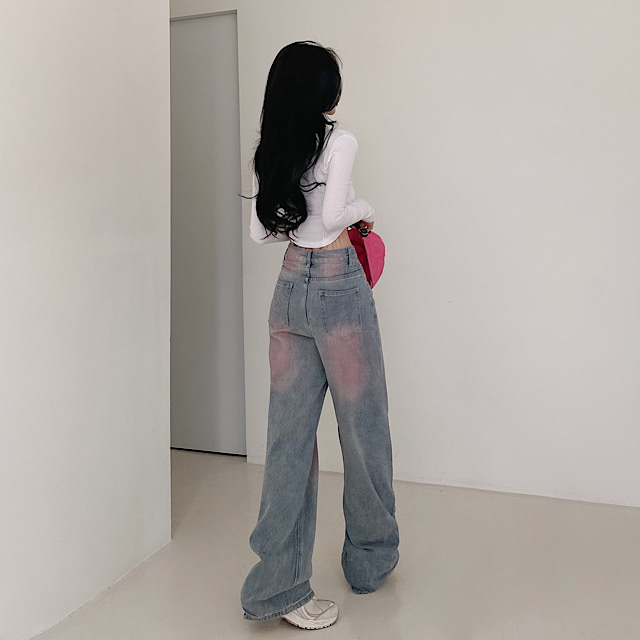 ピンクウォッシングワイドデニムパンツ｜ロングパンツ｜韓国