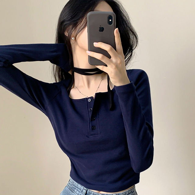 ウエストシャーリングスクエアネックボタン長袖クロップTシャツ｜長袖T