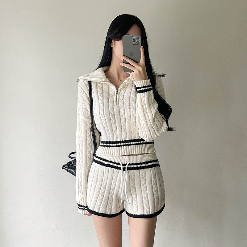 SET】ケーブルセーラーハーフジップニット+ニットショートパンツ