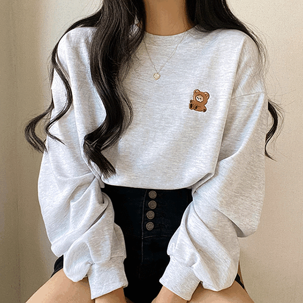 ベアー刺繍ルーズ長袖Tシャツ - [10代・20代女性ファッション,韓国通販