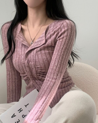 보들 여리 셔링 골지 카라 단추 긴팔니트가디건티셔츠 3color