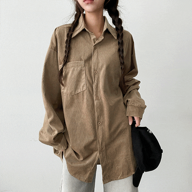 コーデュロイルーズロングシャツ - [10代・20代女性ファッション,韓国