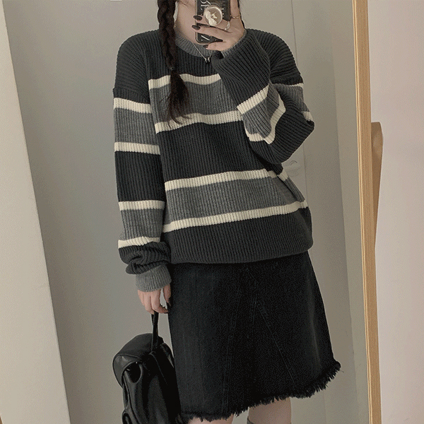 トリプルストライプオーバーフィットラウンドニット｜ニット