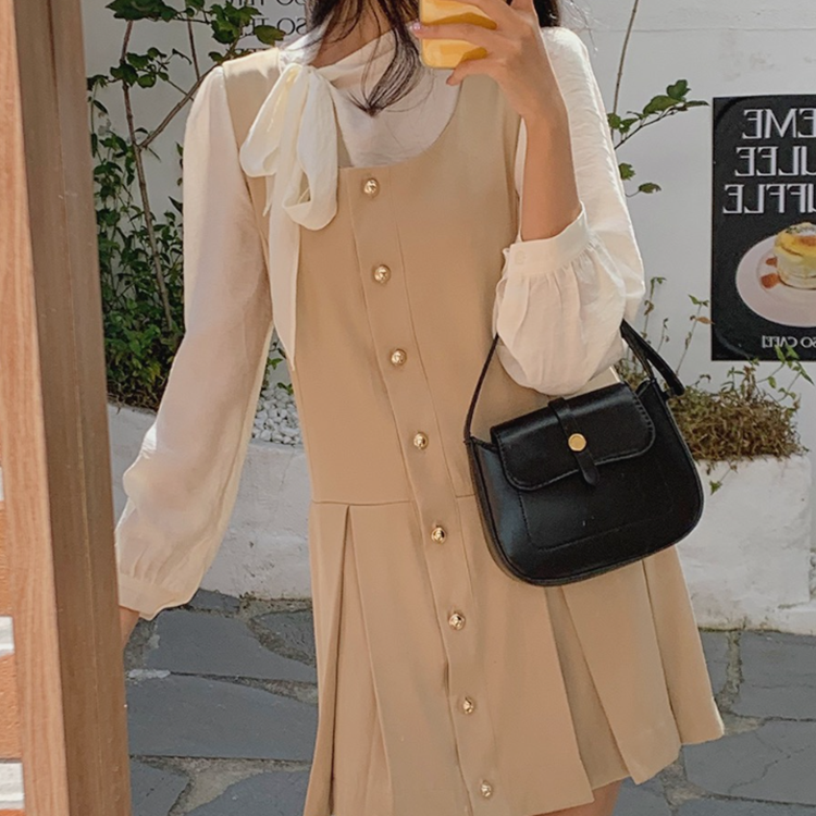 金色鈕釦褶皺層疊式馬甲連衣裙