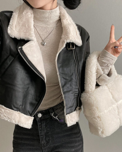 푸그니 크롭 밍크퍼 레더 라이더 무스탕 자켓