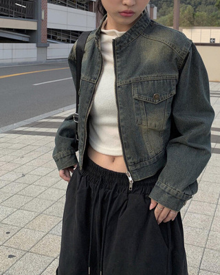 クロップダブルジップアップウォッシングデニムジャケット
