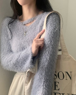 워너비 앙고라 사선 브이넥 크롭니트 5color