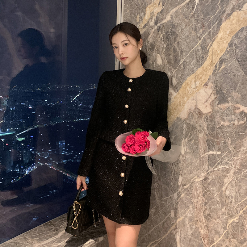 パールボタンツイードワンピース - [10代・20代女性ファッション,韓国