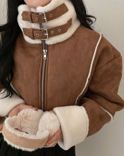 찬바람차단 따숩 양털 하이넥 스웨이드 버클 크롭 무스탕 숏 자켓