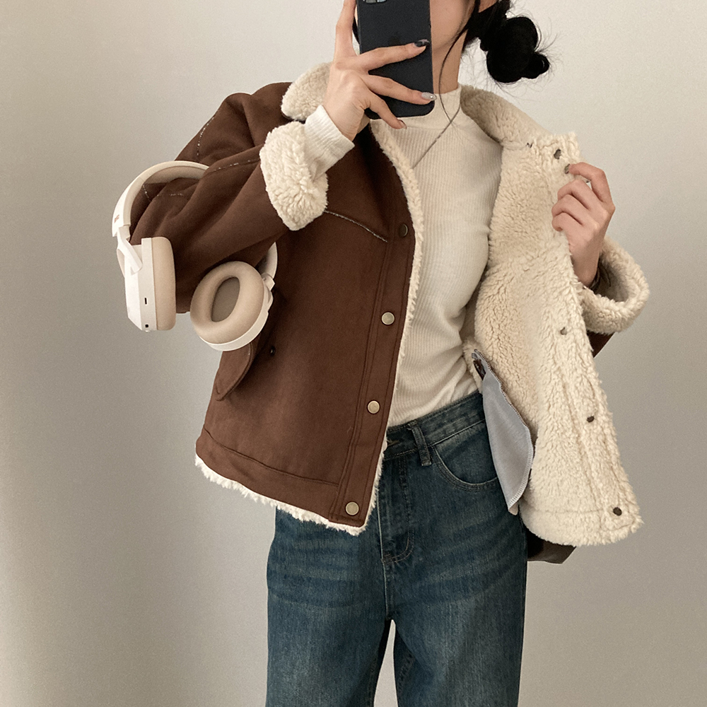 ボア裏地カラーネックスエードショートジャケット｜ジャケット｜韓国