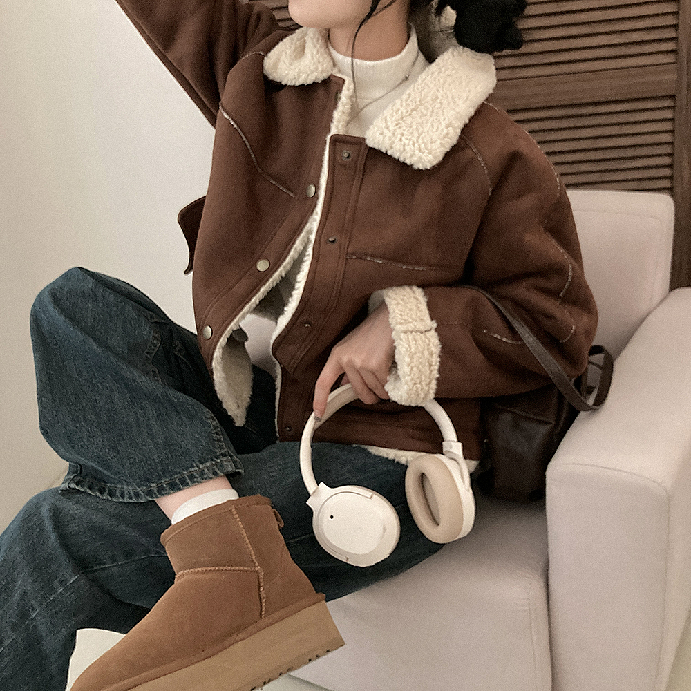 ボア裏地カラーネックスエードショートジャケット｜ジャケット｜韓国