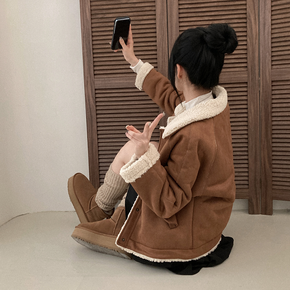 韓国 スエード 裏ボア ショート ジャケット アウター ボア裏地カラーネックスエードショートジャケット｜ジャケット