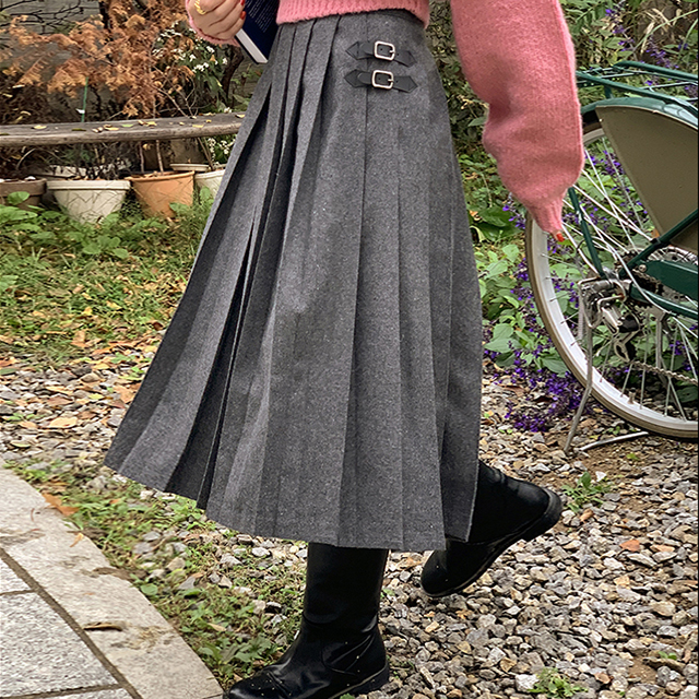 ウールバックルプリーツロングスカート - [10代・20代女性ファッション