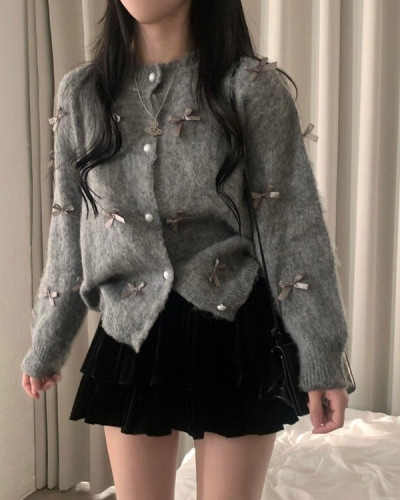 코코 울 진주 리본 니트가디건