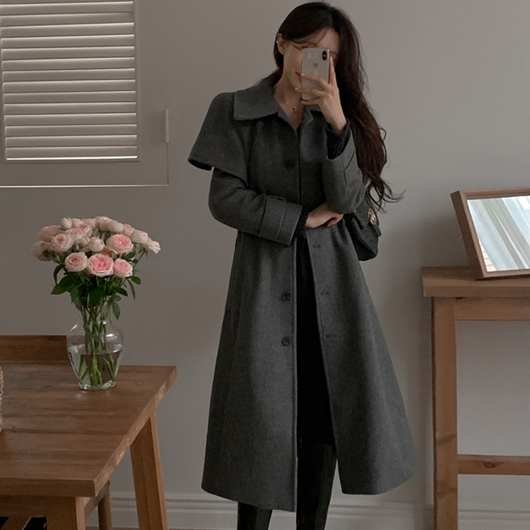 ✨美品✨22AW DRESS HERSELF シルクウールケープコートチャコール ユニークケープウールロングコート|コート|韓国ファッション
