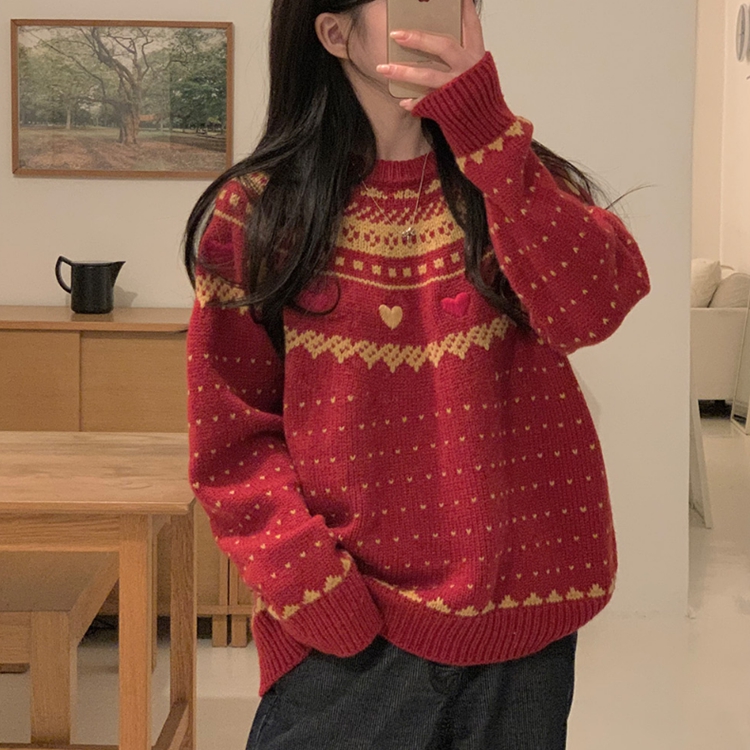 ガーリーハート刺繍ルーズフィットニット - [10代・20代女性