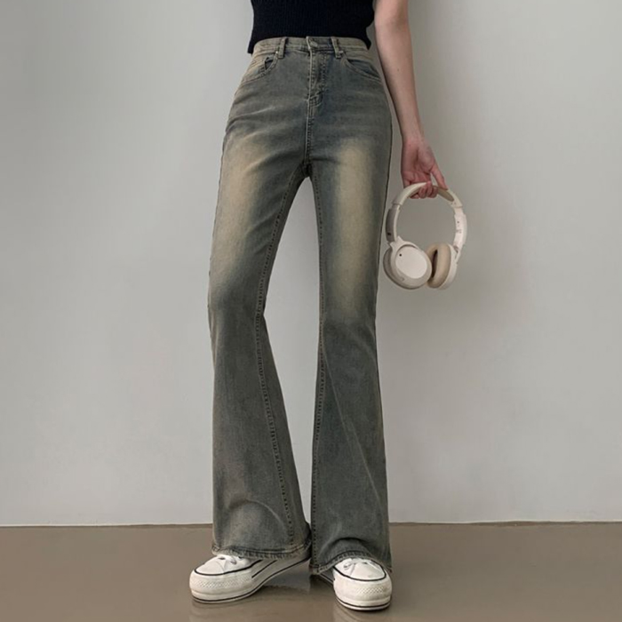 ハイウエストセミブーツカットウォッシングデニムパンツ｜デニム