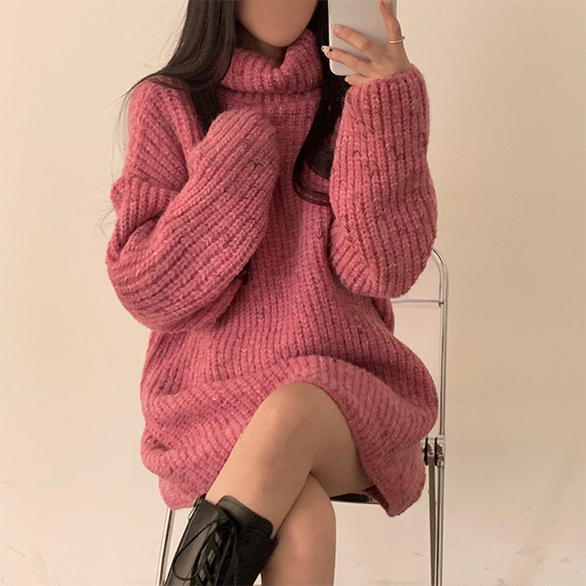 厚手タートルネックミックスカラーニットミニワンピース｜ミニ