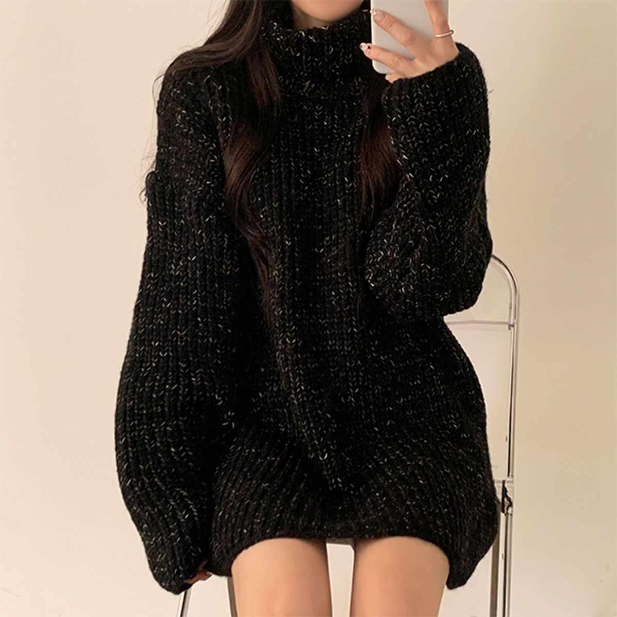 厚手タートルネックミックスカラーニットミニワンピース｜ミニ