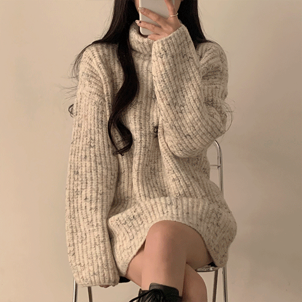 厚手タートルネックミックスカラーニットミニワンピース|ミニ 厚手タートルネックミックスカラーニットミニワンピース|ミニ