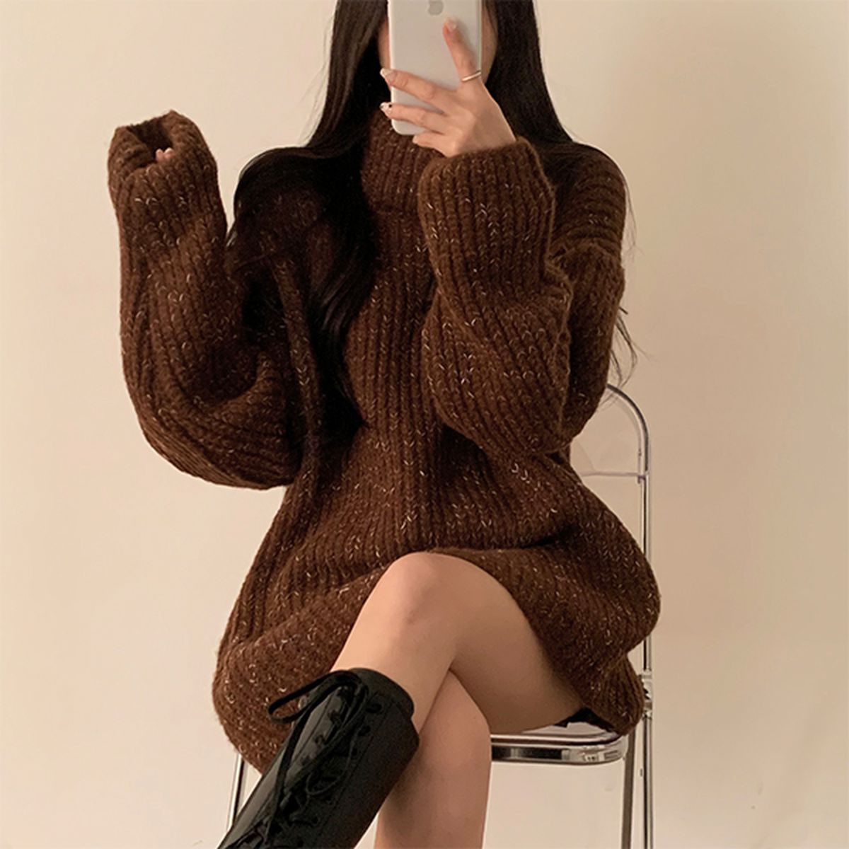 厚手タートルネックミックスカラーニットミニワンピース｜ミニ