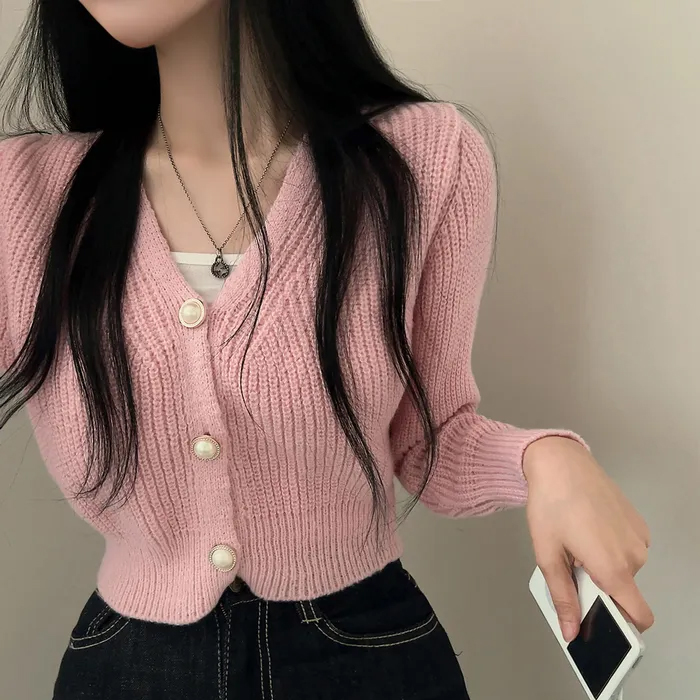 珍珠鈕釦露臍針織開衫