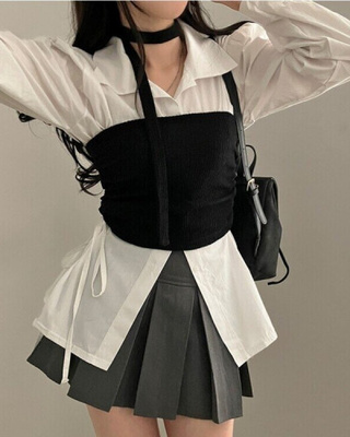 감성모드적용 베로나 머플러 셔링 골지 니트 탱크탑 투피스 세트