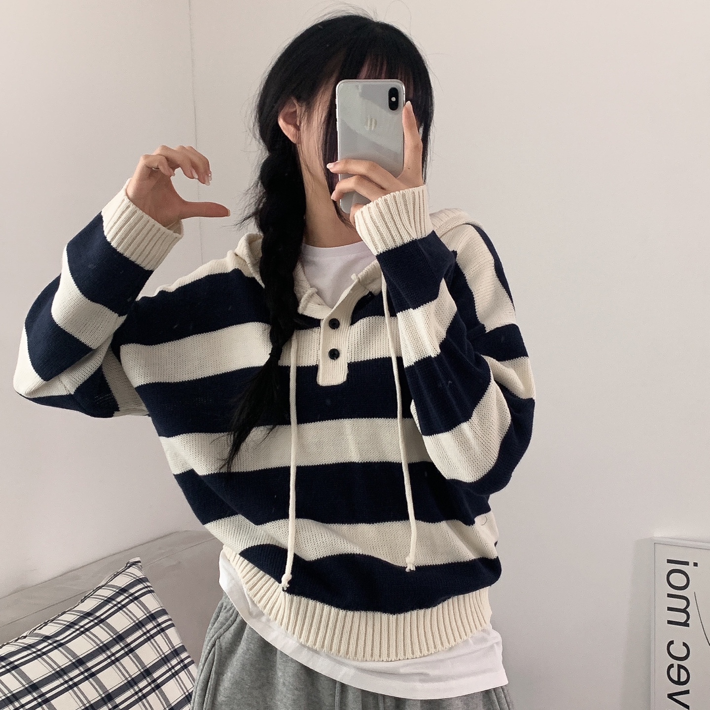 価格交渉可　ストライプ柄 フード付きニット ニット セーター ケーブル編み×ボーダー袖フード付きニットトップス